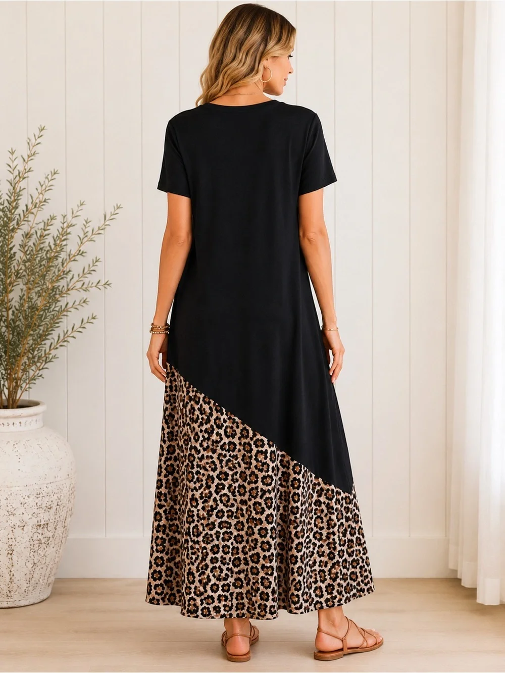 NEW Leopard Color Block Maxi Dress Size Large Casual Chic Flowy - Picture 3 of 11